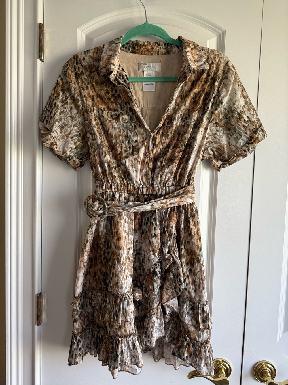 Steele. Brown & Cream Cotton Animal-Print Belted Mini Dress, size M, EUC!